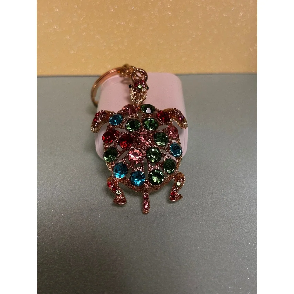 Rose Gold Multi-Color Rhinestone Sea Turtle Keychain Bag Charm Accessory